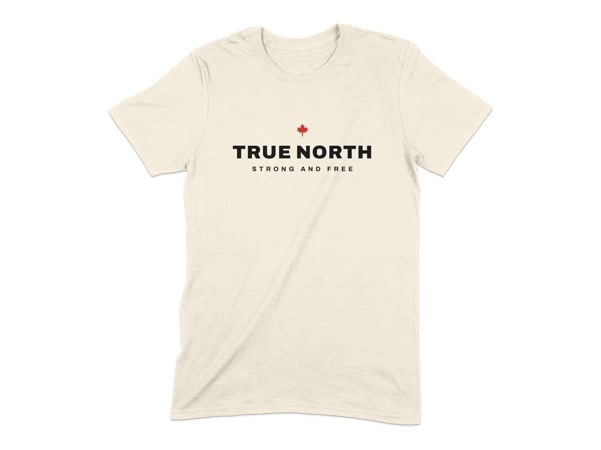 Cream t-shirt with "TRUE NORTH STRONG AND FREE" and a red maple leaf.