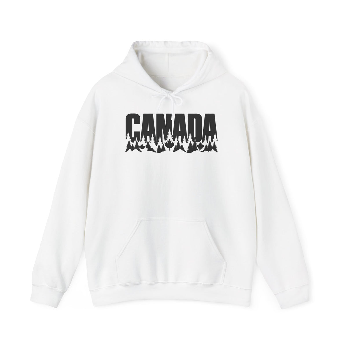 White hoodie with black "CANADA" text and forest graphic.