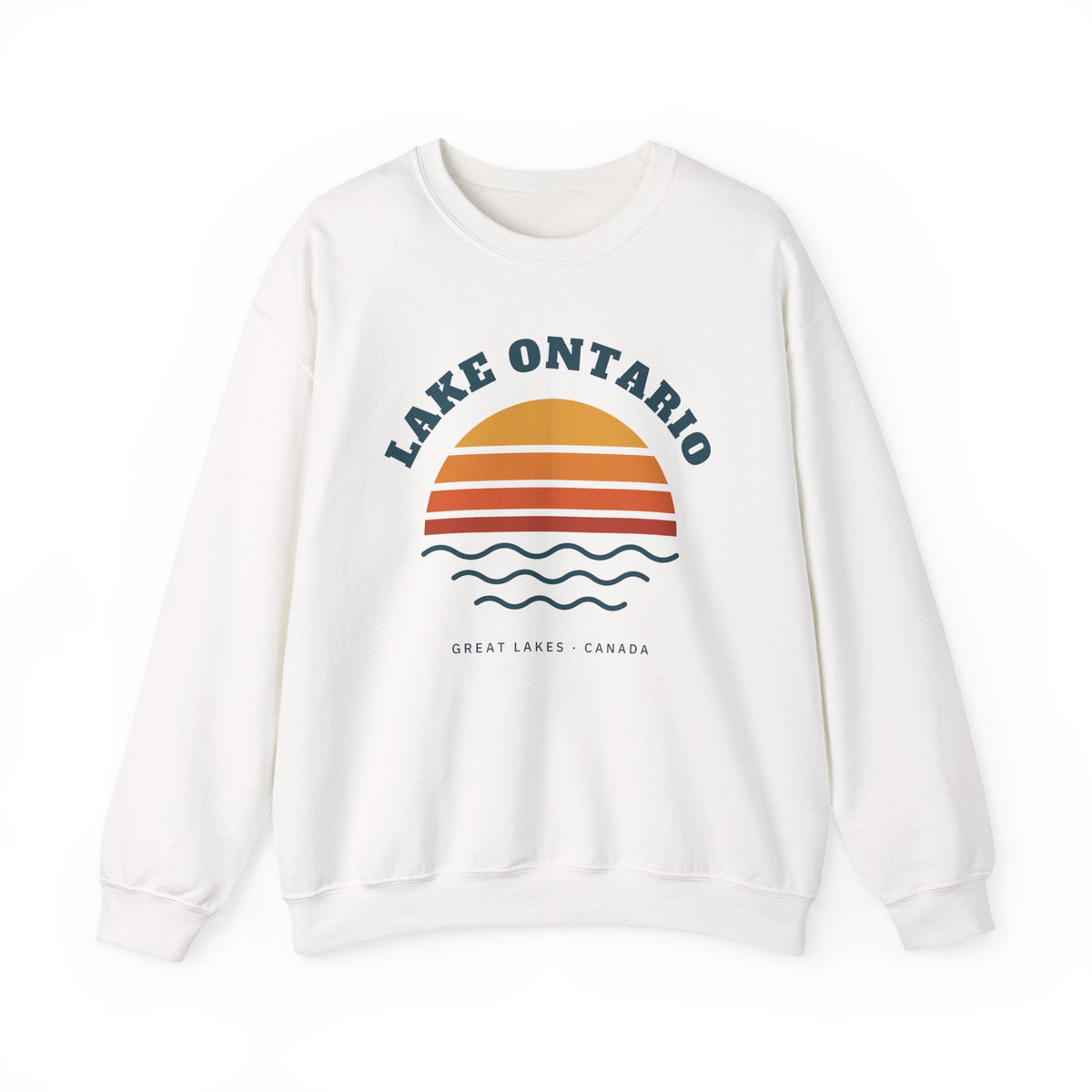 White sweatshirt with a graphic of "Lake Ontario" above a sunset and waves.
