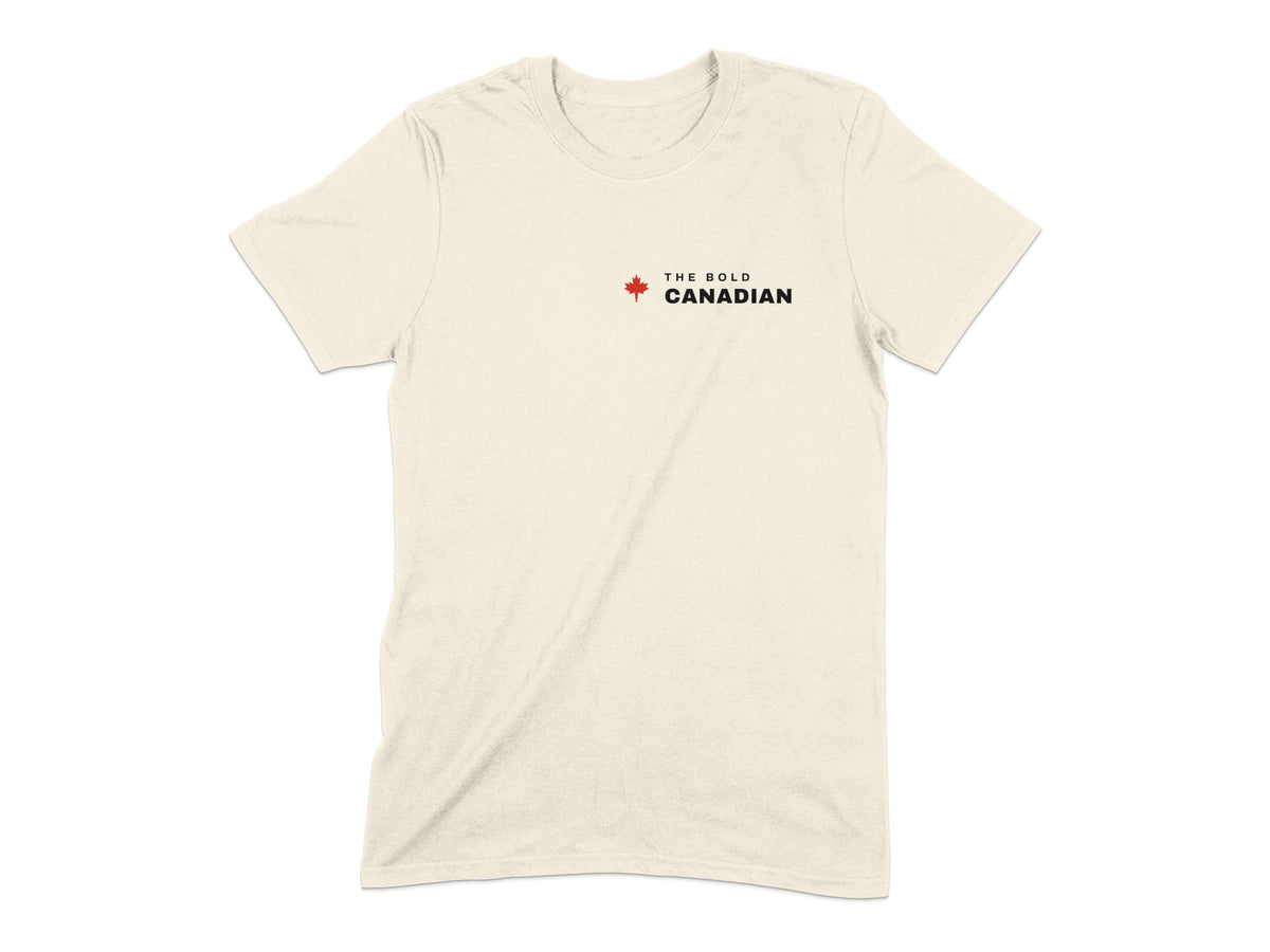 Cream t-shirt with "THE BOLD CANADIAN" text and a red maple leaf.