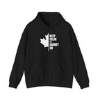 Black hoodie with white text and maple leaf: Keep Calm and Carney On.