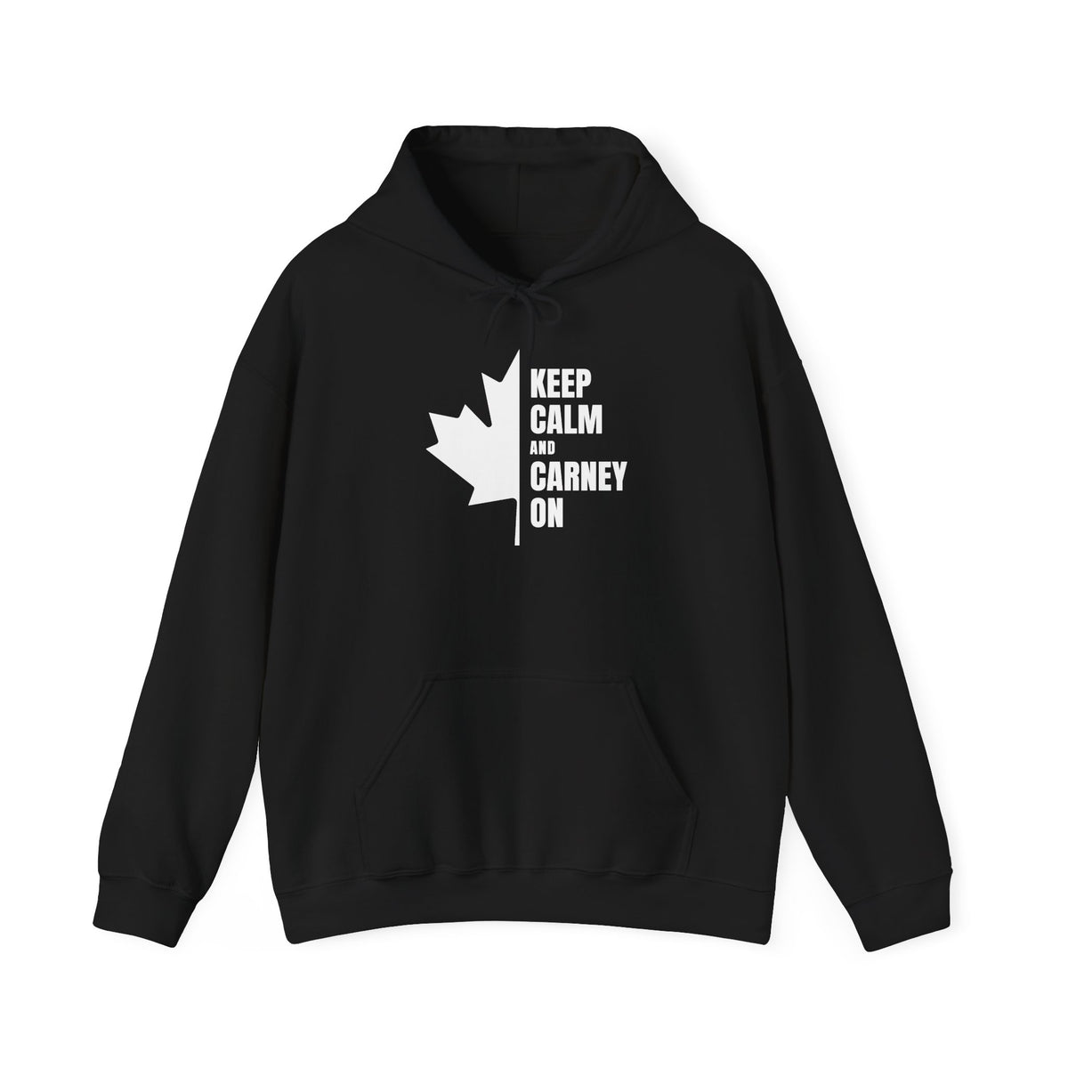 Black hoodie with white text and maple leaf: Keep Calm and Carney On.