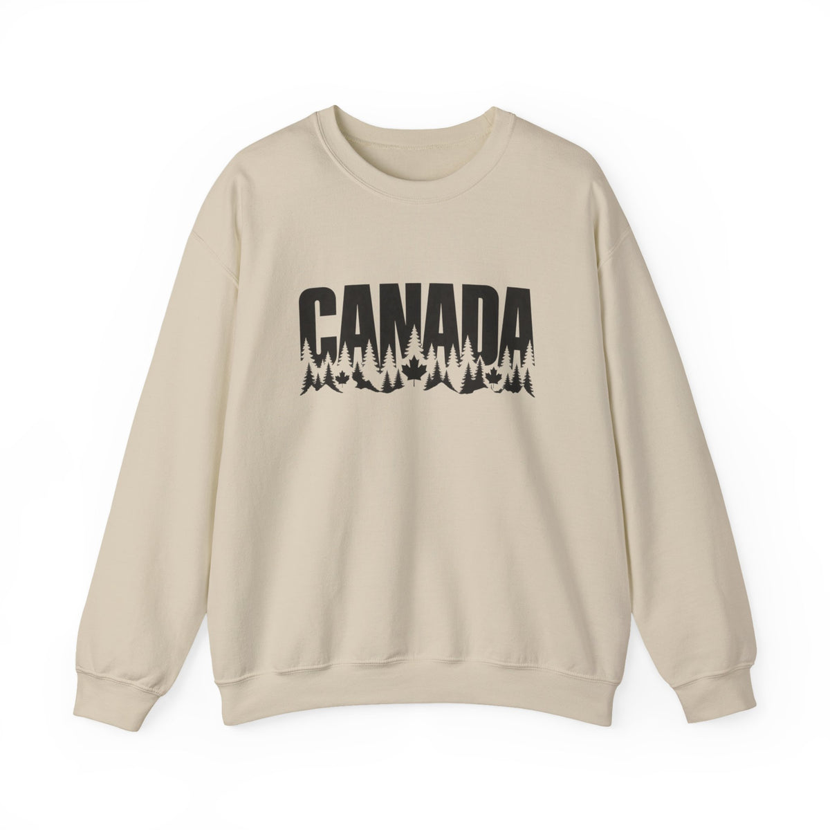 Cream sweatshirt with black "CANADA" text above pine trees and maple leaves.