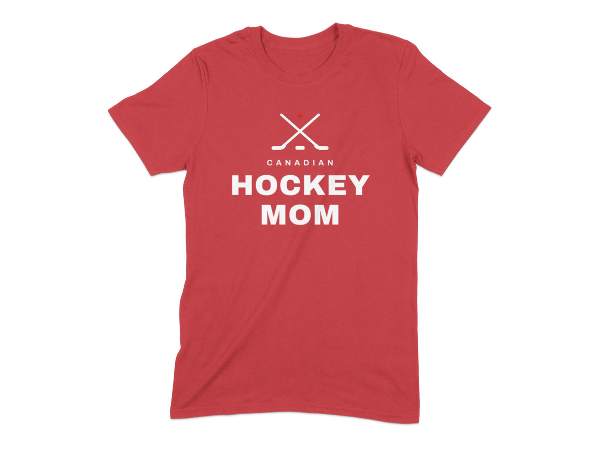 Red t-shirt with white text and hockey sticks reading "CANADIAN HOCKEY MOM".