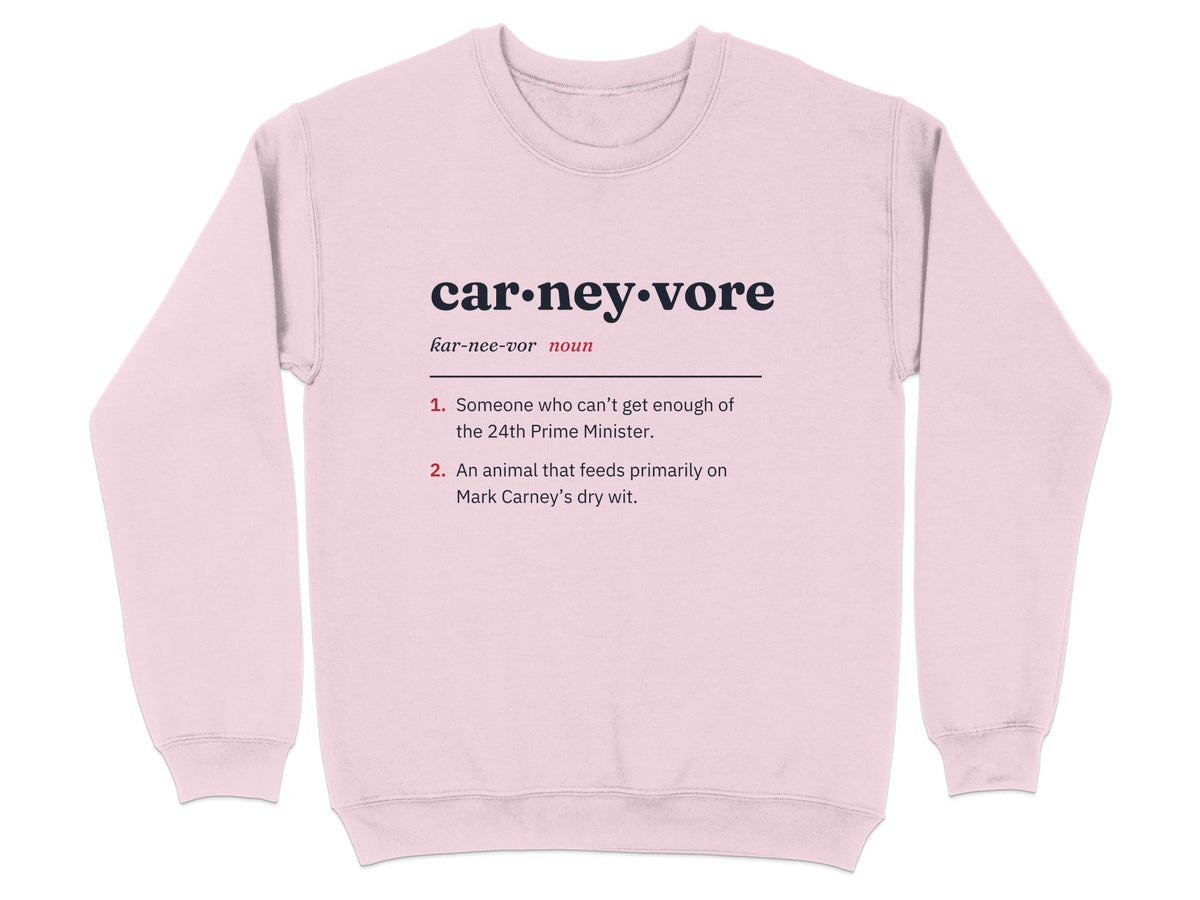 Pink sweatshirt with definition of "carneyvore" and its two meanings.