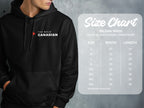 Black Gildan 18500 heavy blend hooded sweatshirt size chart with width and length measurements.