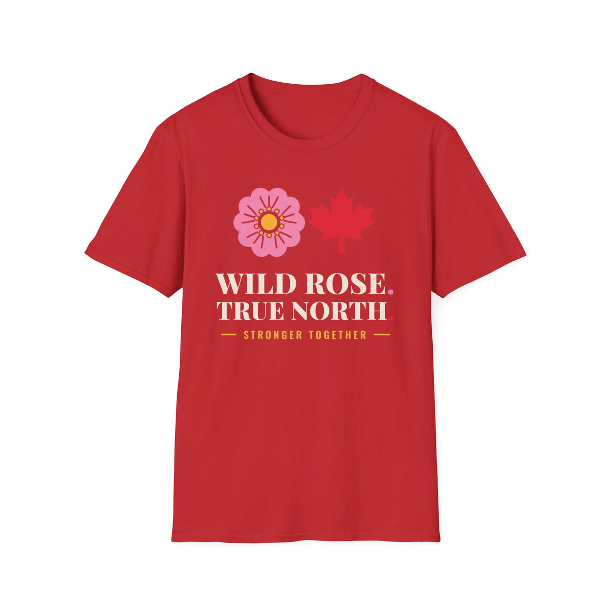 Red t-shirt with wild rose and maple leaf icons, text reads "WILD ROSE. TRUE NORTH STRONGER TOGETHER".