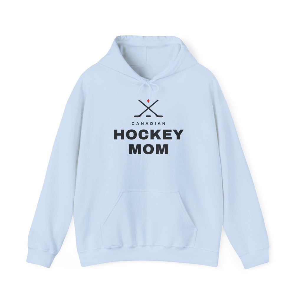 Light blue hoodie with crossed hockey sticks and "Canadian Hockey Mom" text.