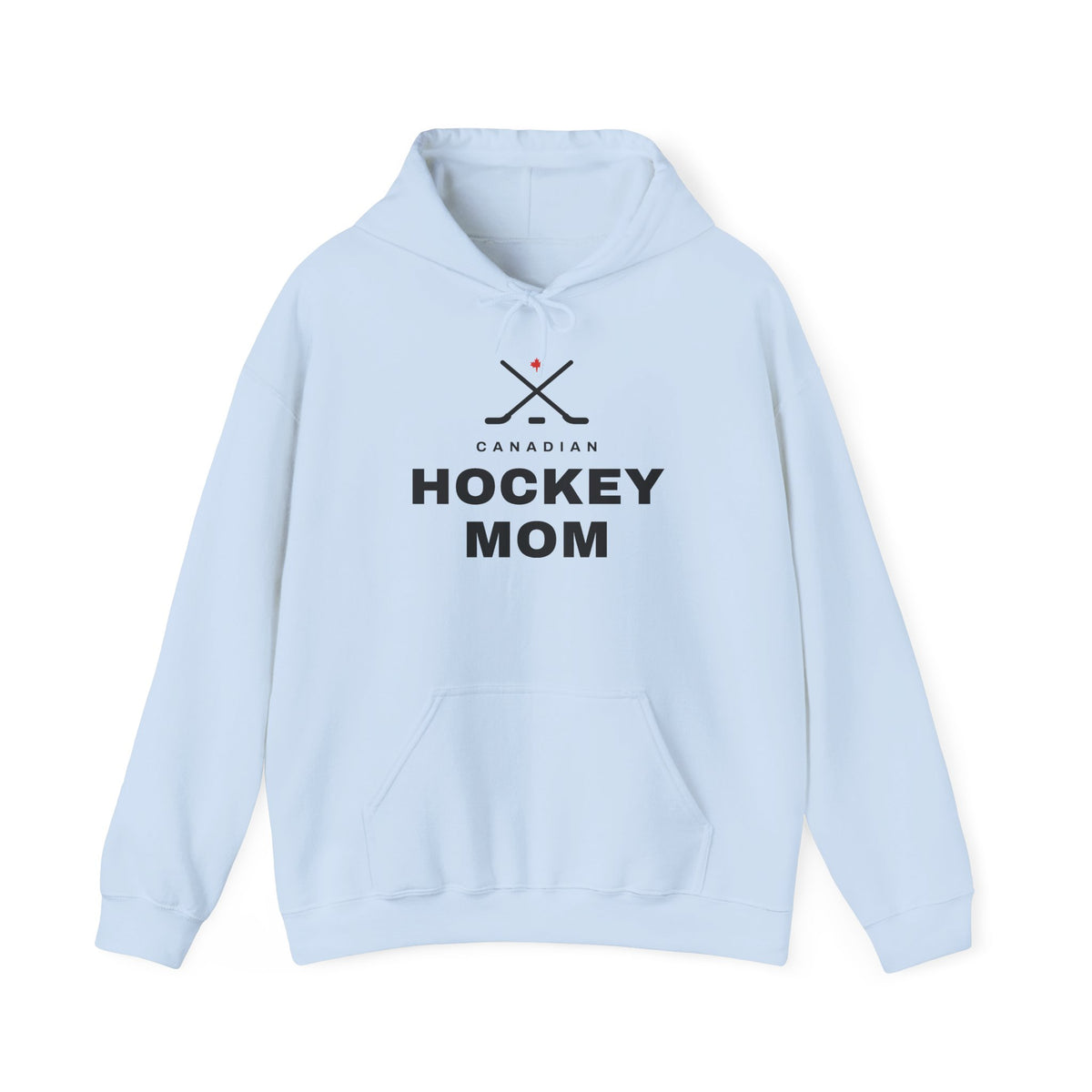 Light blue hoodie with crossed hockey sticks and "Canadian Hockey Mom" text.