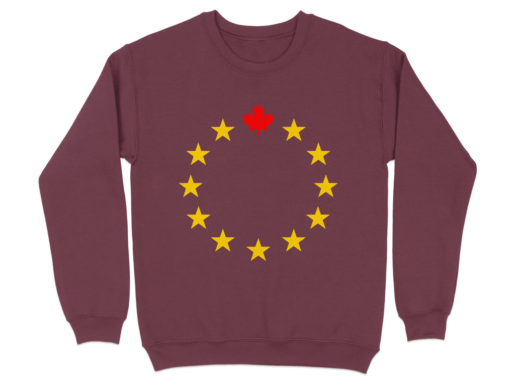 Maroon sweatshirt with a circle of yellow stars and a red maple leaf at the top.