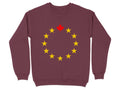 Maroon sweatshirt with a circle of yellow stars and a red maple leaf at the top.