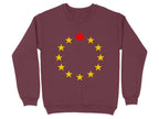 Maroon sweatshirt with a circle of yellow stars and a red maple leaf at the top.