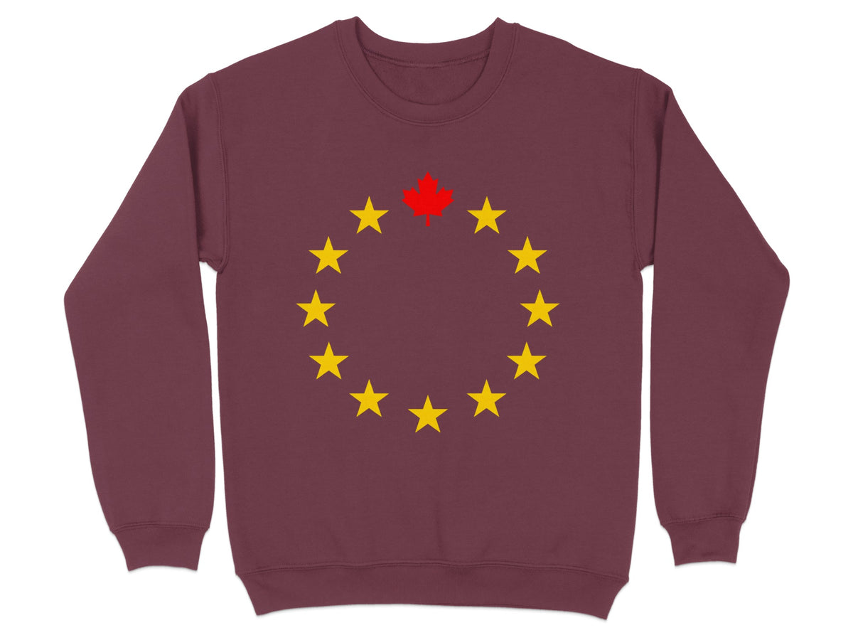 Maroon sweatshirt with a circle of yellow stars and a red maple leaf at the top.