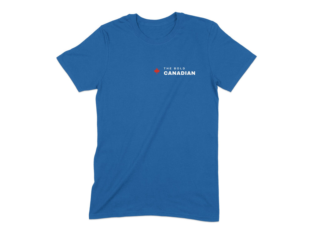 Blue t-shirt with a red maple leaf and "The Bold Canadian" text.