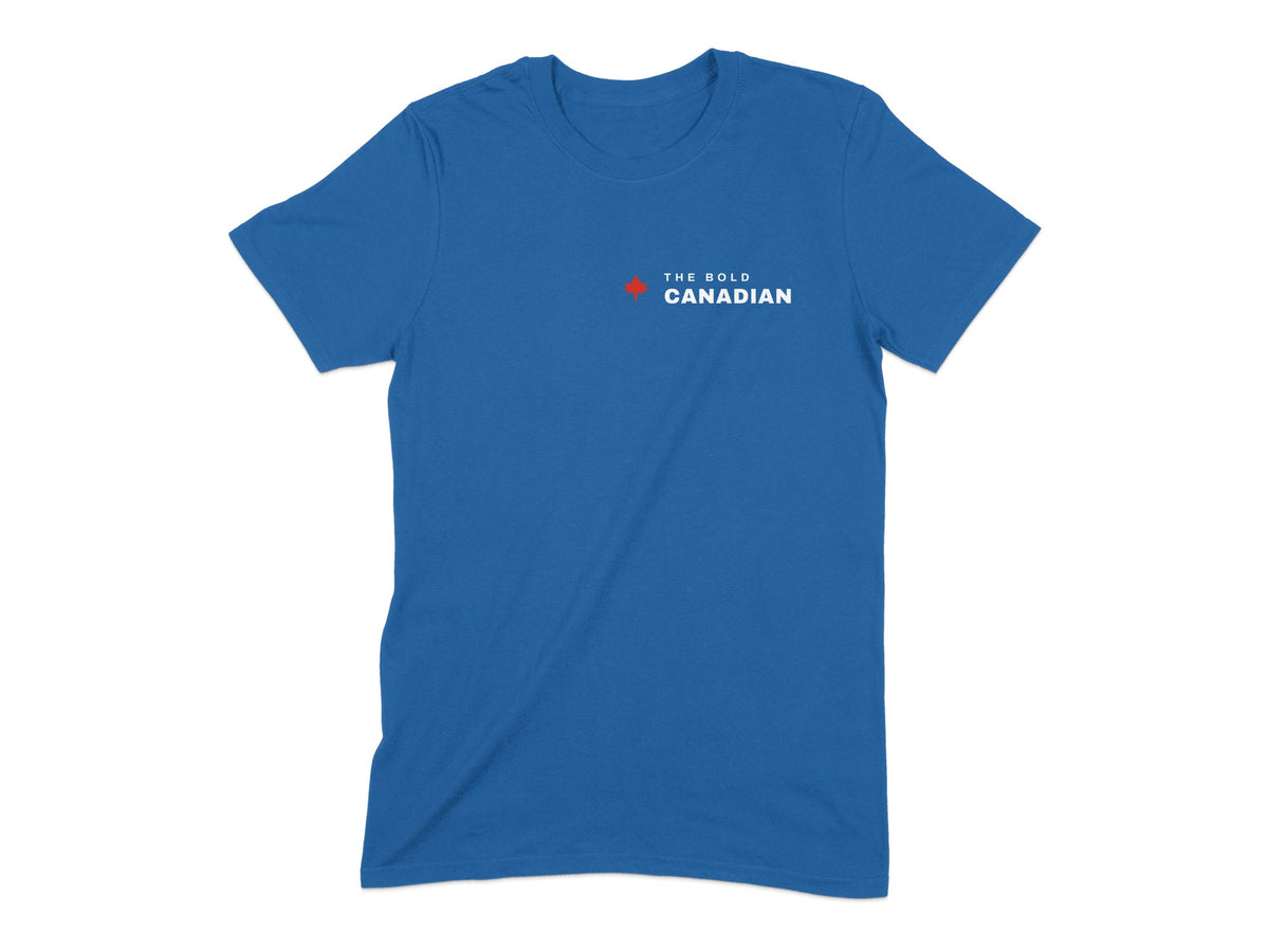 Blue t-shirt with a red maple leaf and "The Bold Canadian" text.