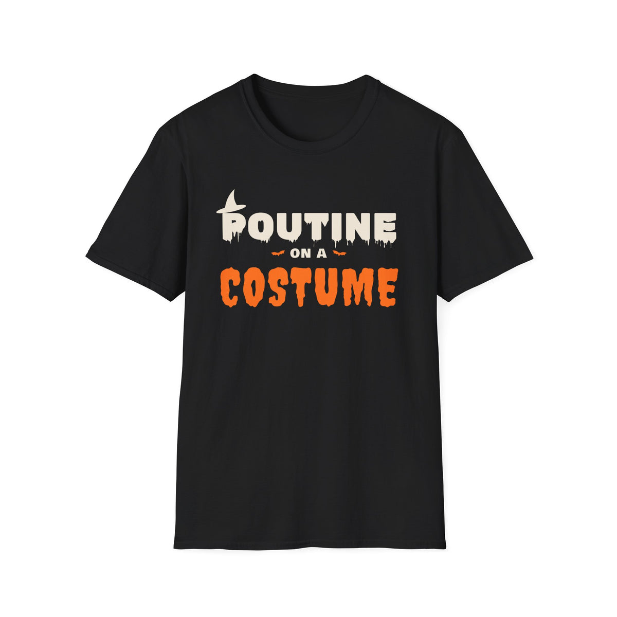 Black t-shirt with "Poutine on a costume" text in cream and orange.