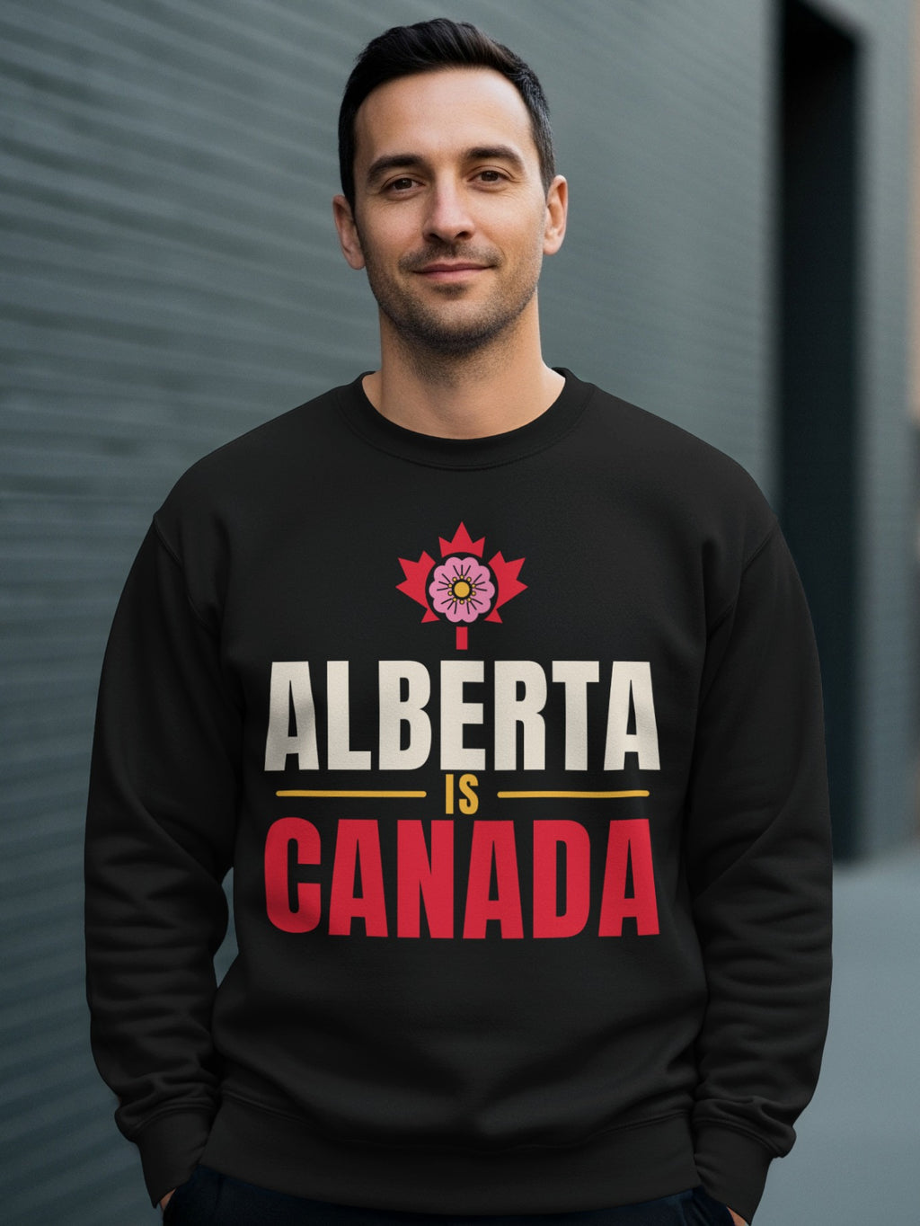 Man wearing black sweatshirt with Alberta is Canada text and maple leaf design.