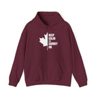Maroon hoodie with white Canadian maple leaf and text "KEEP CALM AND CARNEY ON".