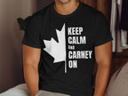Black t-shirt with white maple leaf and text "KEEP CALM AND CARNEY ON".