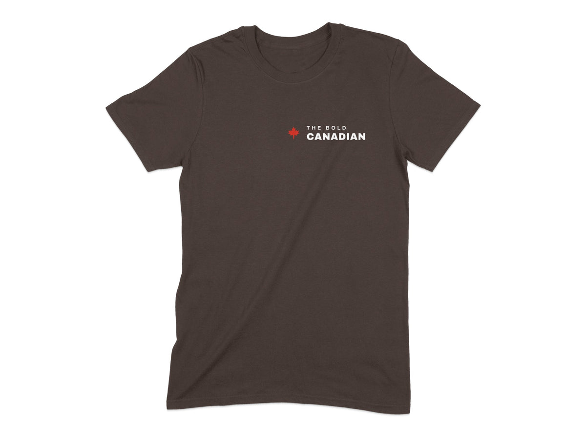 Brown t-shirt with "The Bold Canadian" text and a red maple leaf logo.