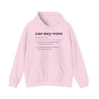 Pink hoodie with "carneyvore" definition printed on front.