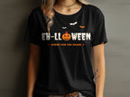 Black t-shirt with "EH-LLOWEEN" text, pumpkin graphic, and bats.