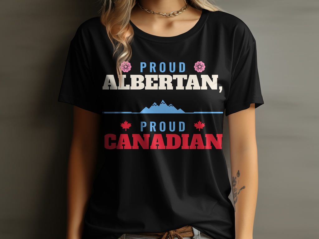 Black t-shirt with "Proud Albertan, Proud Canadian" text and Canadian maple leaves.