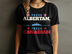 Black t-shirt with "Proud Albertan, Proud Canadian" text and Canadian maple leaves.