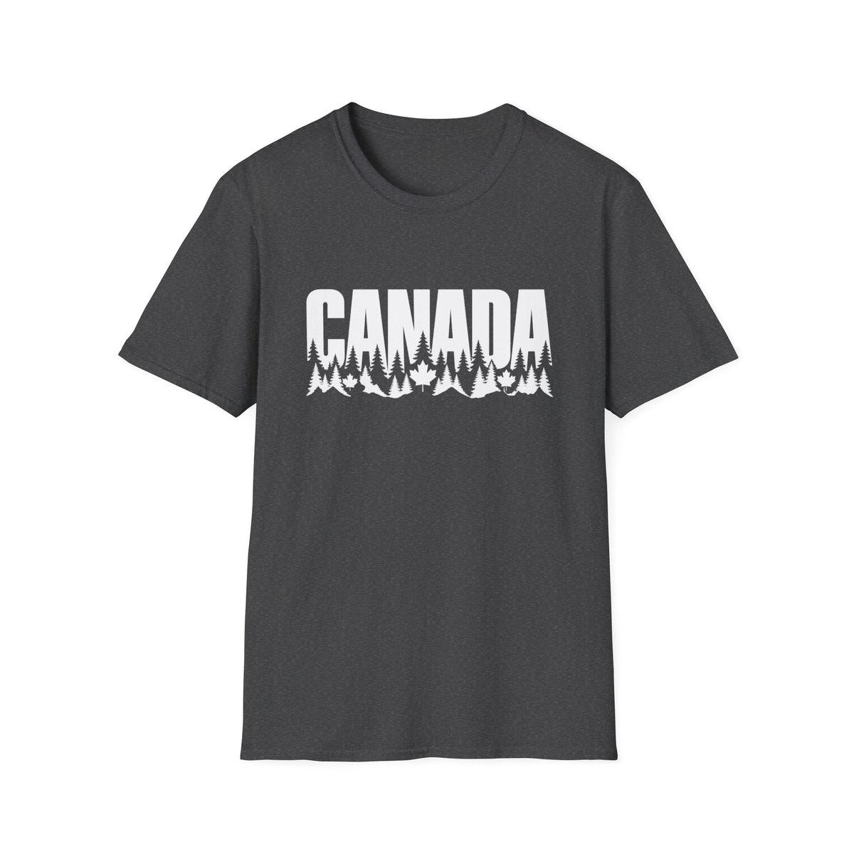 Dark grey t-shirt with white "CANADA" text above a forest and maple leaf design.