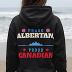 Black hoodie with "Proud Albertan, Proud Canadian" text and Canadian maple leaves.