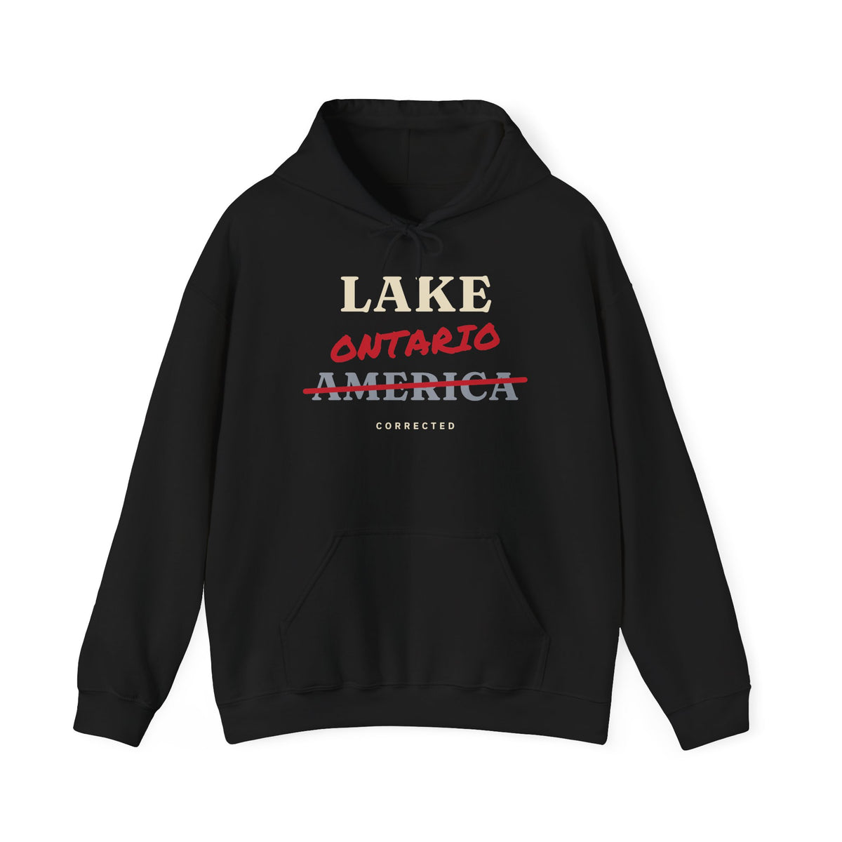 Black hoodie with "Lake Ontario America Corrected" text graphic.