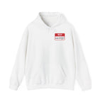 White hoodie with a red "Hello, my name is Lake Ontario (Still)" nametag.