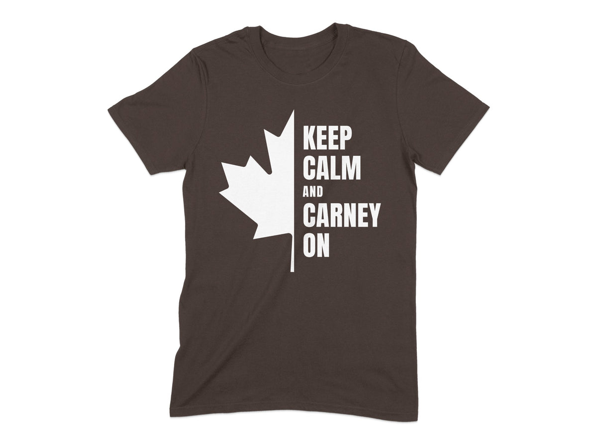 Brown t-shirt with white Canadian maple leaf and text "Keep Calm and Carney On".