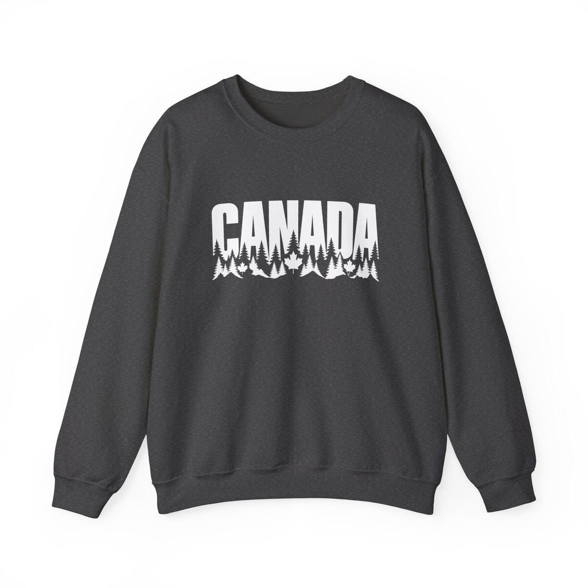Dark grey sweatshirt with white "CANADA" text and mountain tree graphic.