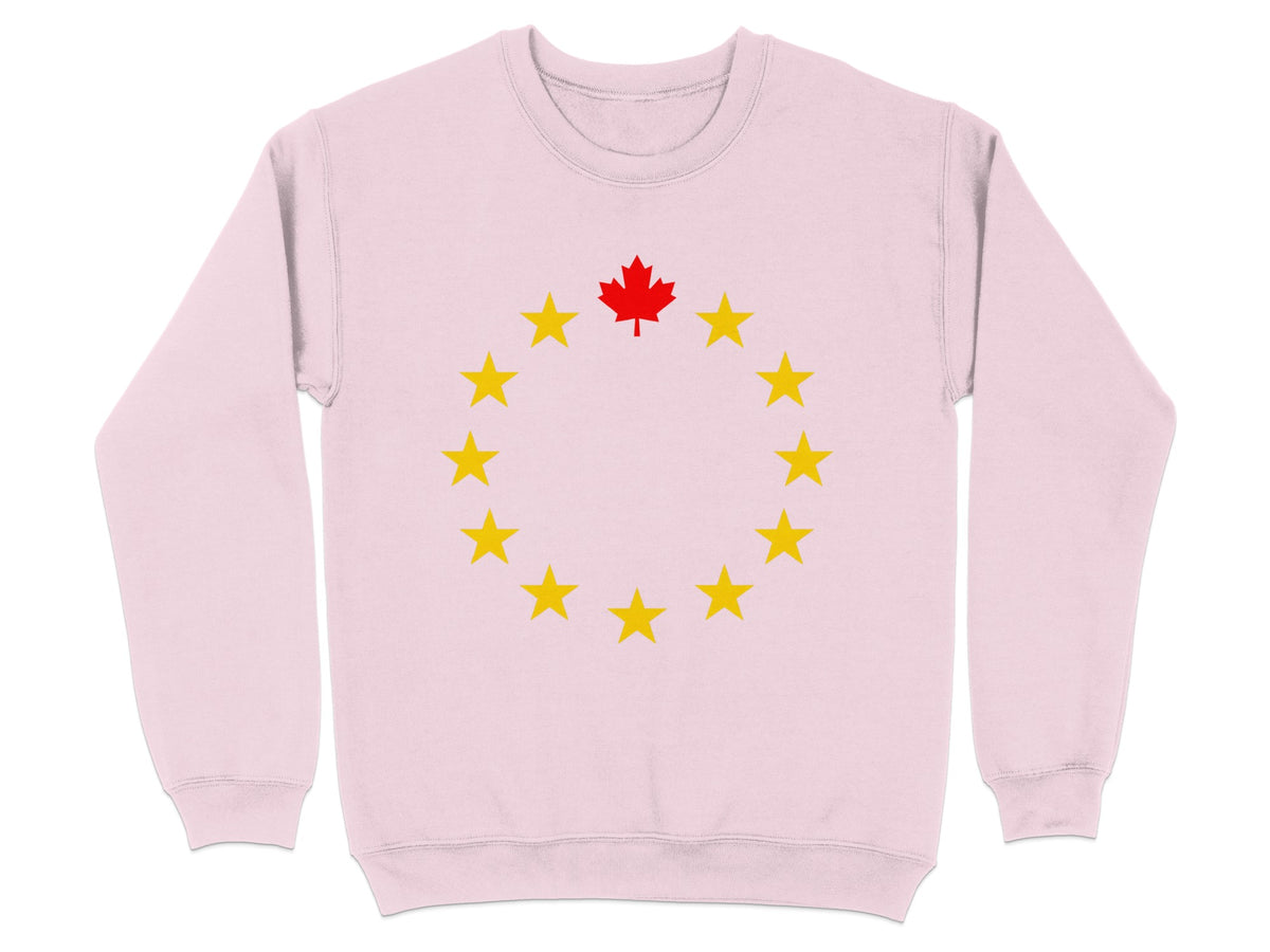 Light pink sweatshirt with a circle of yellow stars and a red maple leaf.