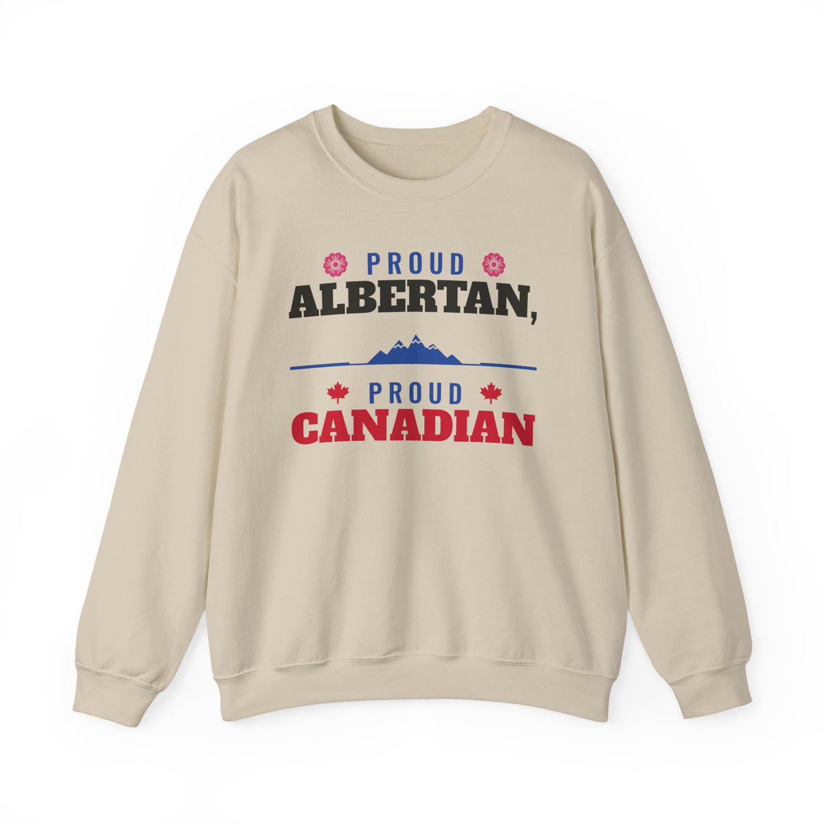 Cream sweatshirt with "Proud Albertan, Proud Canadian" text and mountain graphic.