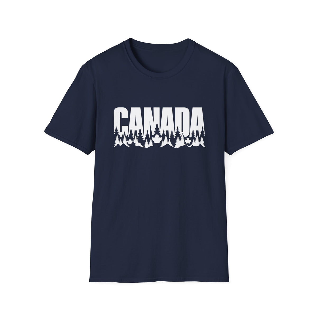 Navy t-shirt with white text "CANADA" over a forest and maple leaf graphic.