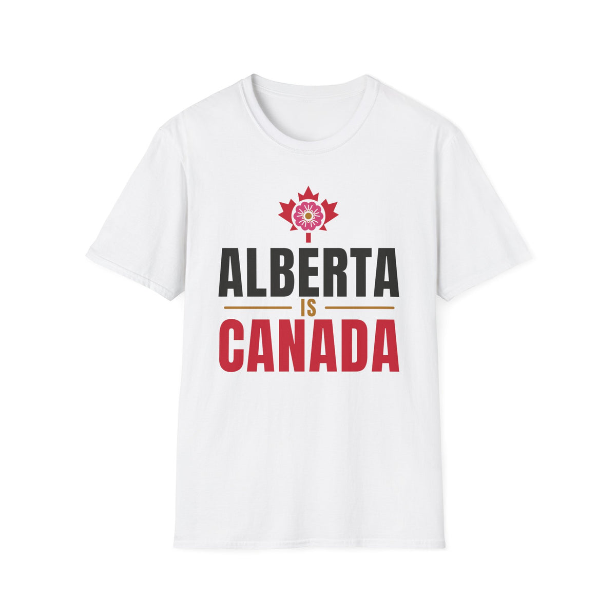 White t-shirt with Alberta is Canada text and a maple leaf graphic.