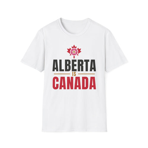 White t-shirt with Alberta is Canada text and a maple leaf graphic.