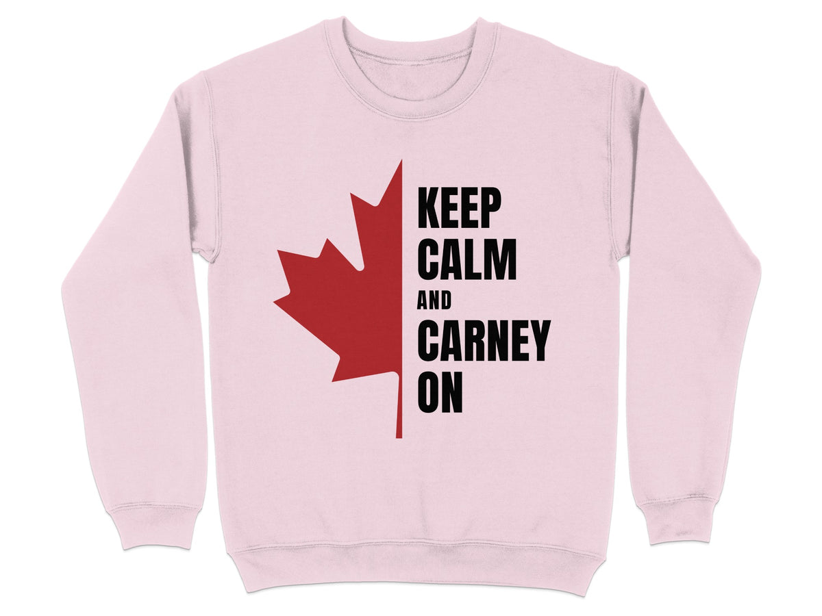 Light pink sweatshirt with red maple leaf and "Keep Calm and Carney On" text.
