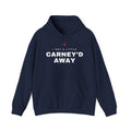 Navy blue hoodie with white text "I GOT A LITTLE CARNEY'D AWAY" and a red maple leaf.
