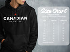 Black hoodie with "CANADIAN BY CHOICE" text and size chart for Gildan 18500 sweatshirt.