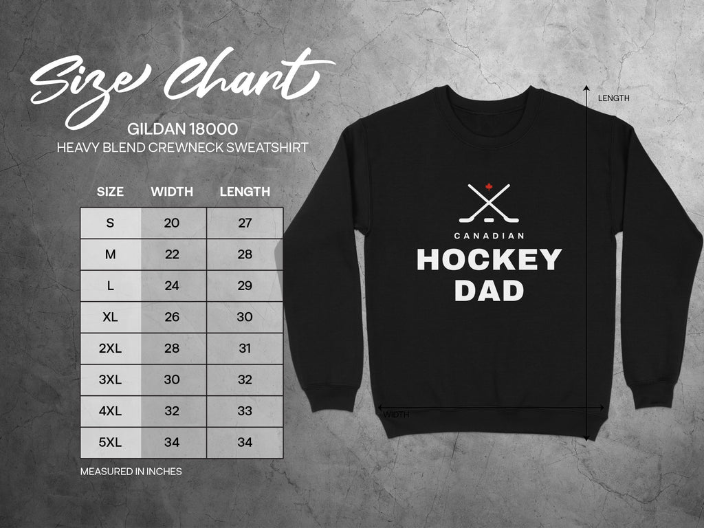 Gildan 18000 sweatshirt size chart with width and length measurements in inches.