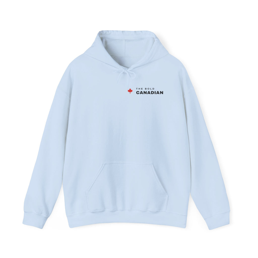 Light blue hoodie with "THE BOLD CANADIAN" and a red maple leaf logo.