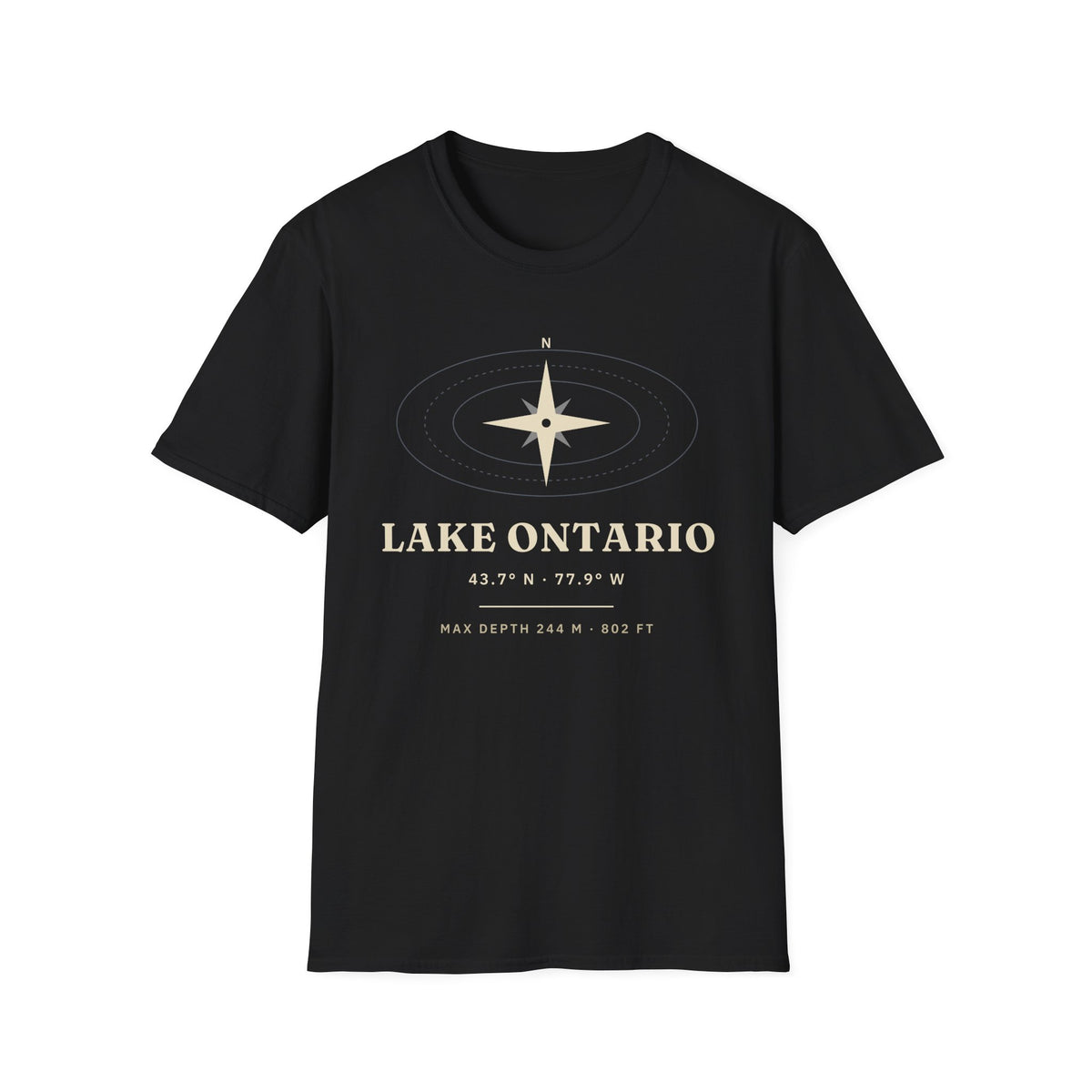 Black t-shirt with "Lake Ontario" text, coordinates, and compass design.