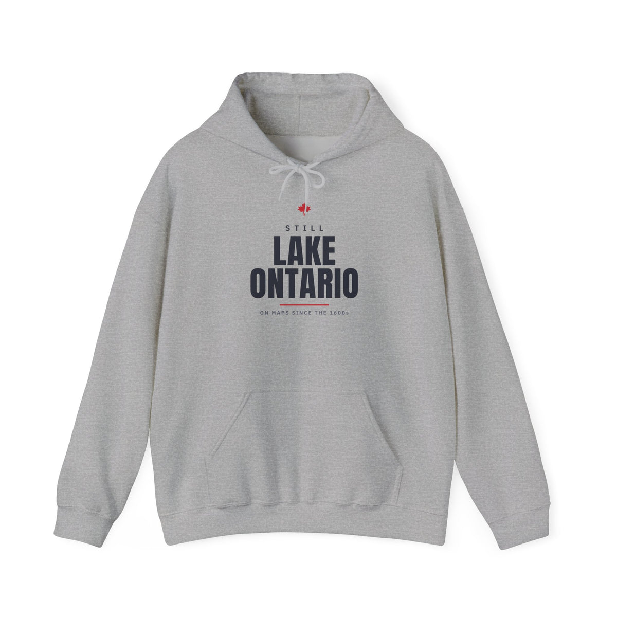Light grey hoodie with "Still Lake Ontario On Maps Since the 1600s" text.