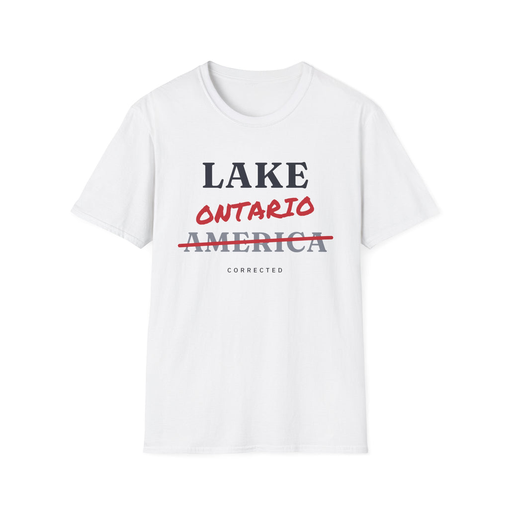 White t-shirt with "LAKE ONTARIO AMERICA CORRECTED" text.
