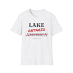 White t-shirt with "LAKE ONTARIO AMERICA CORRECTED" text.