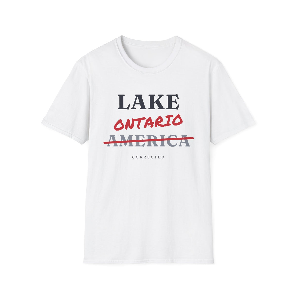 White t-shirt with "LAKE ONTARIO AMERICA CORRECTED" text.