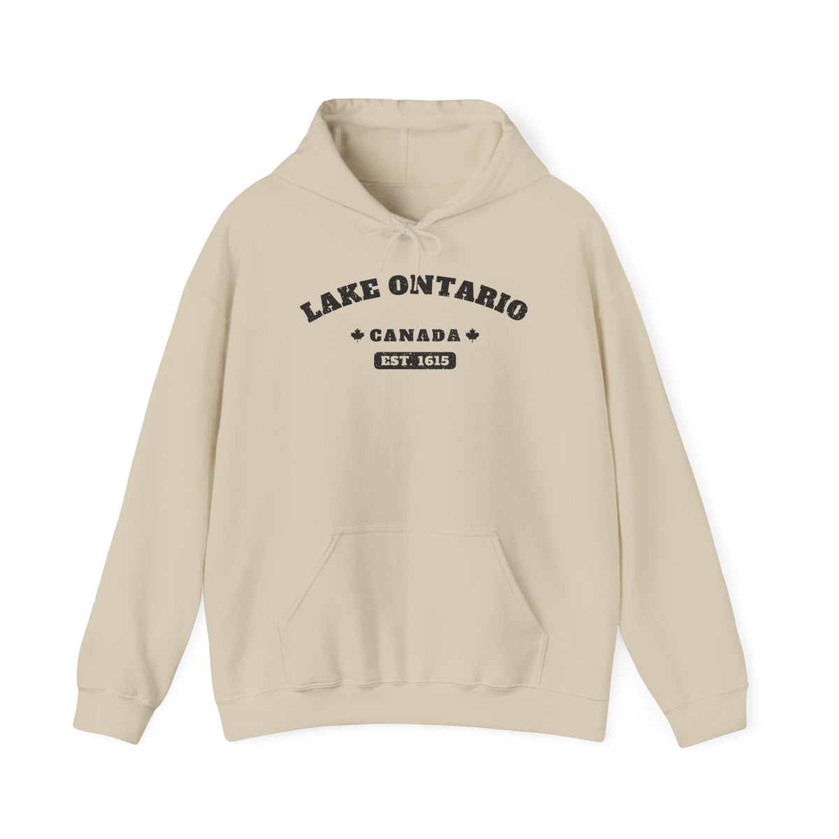 Beige hoodie with black text "LAKE ONTARIO CANADA EST. 1615".